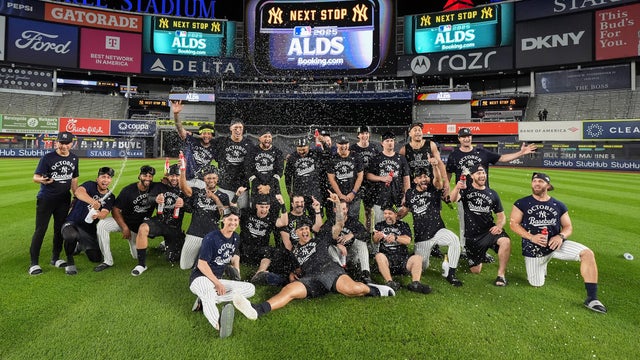 Cam Schlittler #31 of the New York Yankees reacts after the final out in the eighth inning during Game Three of the American League Wild Card Series between the Boston Red Sox and the New York Yankees at Yankee Stadium on Thursday, October 2, 2025 in New 