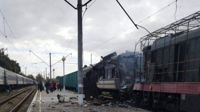 Train hit by Russian drone strike is seen at the railway station in Shostka, Sumy region 