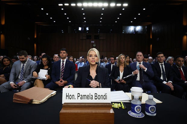 Attorney General Pam Bondi arrives to testify before the Senate Judiciary Committee at the Hart Senate Office Building in Washington, D.C., on Oct. 7, 2025. 