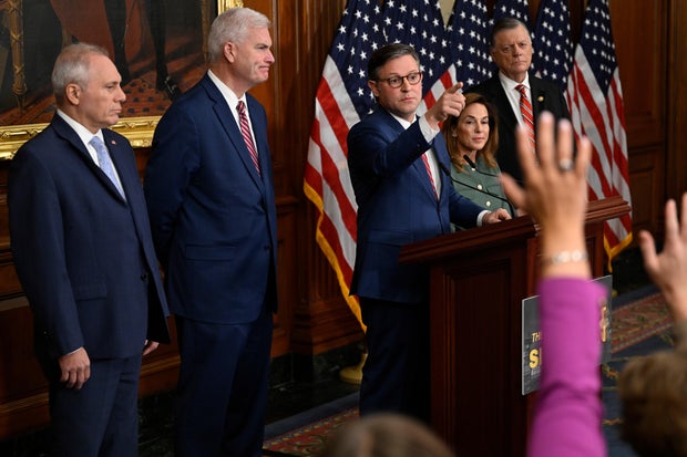 House Speaker Mike Johnson of Louisiana holds a press conference with other Republican members of Congress at the U.S. Capitol in Washington, D.C., on Oct. 8, 2025, during the eighth day of the government shutdown. 