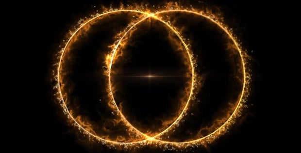 An artistic visualization shows the rare twin-ring "odd radio circle." 