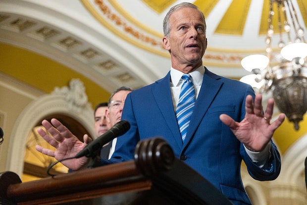 Senate Majority Leader John Thune speaks at a press conference with other members of Senate Republican leadership following a policy luncheon at the U.S. Capitol in Washington, DC on October 15, 2025.