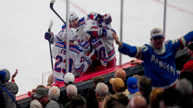Artemi Panarin #10 of the New York Rangers celebrates a goal with teammates Adam Fox #23, Will Cuylle #50 and Mika Zibanejad #93 during the third period against the Montréal Canadiens at Bell Centre on October 18, 2025 in Montreal, Quebec. 
