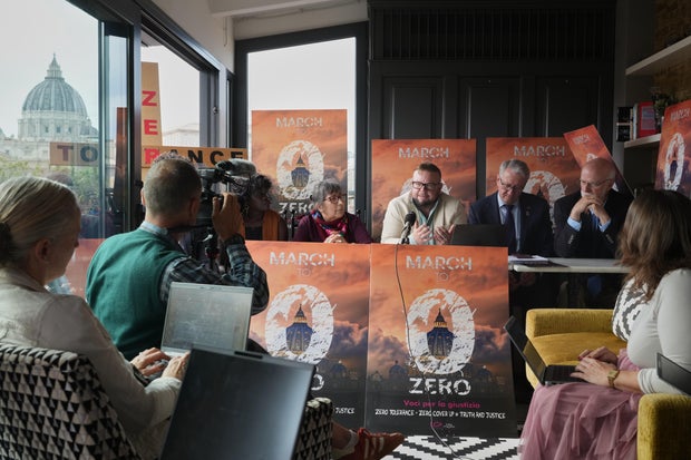 Members of Ending Clergy Abuse, a global organization of abuse victims and activists, hold a press conference after a meeting with Pope Leo XIV at the Vatican, in Rome, Oct. 20, 2025.