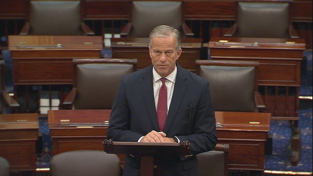 Senate Majority Leader John Thune speaks on the Senate floor on Monday, Oct. 20, 2025.
