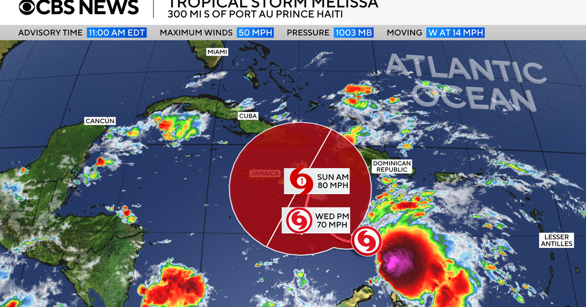 Tropical Storm Melissa forms in the Atlantic. Maps show forecast path.