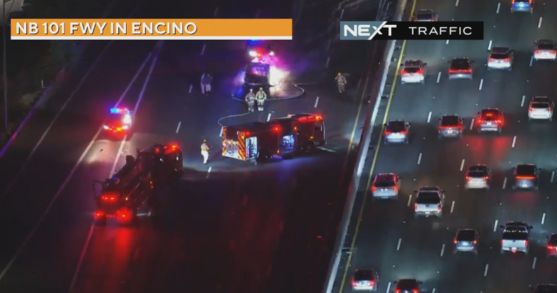 Car fire forces closures on northbound 101 Freeway lanes in Encino ...