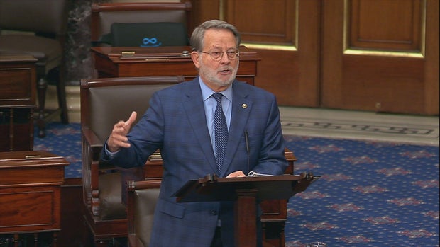 Sen. Gary Peters of Michigan speaks on the Senate floor on Thursday, Oct. 23, 2025.