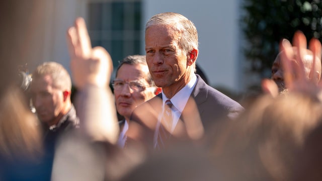 Senate Majority Leader John Thune of South Dakota, center, speaks with reporters alongside other Republican senators after a meeting with President Trump at the White House in Washington, D.C., on Oct. 21, 2025. 