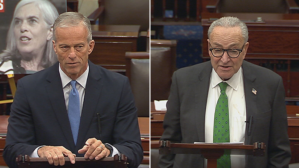 Senate Majority Leader John Thune and Minority Leader Chuck Schumer on the Senate floor on Monday, Oct. 27, 2025.