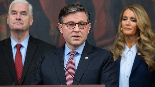 House Speaker Mike Johnson of Louisiana speaks at a press conference about the government shutdown at the U.S. Capitol in Washington, D.C., on Oct. 27, 2025, alongside House Majority Whip Tom Emmer of Minnesota and Small Business Administration Administra