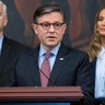 House Speaker Mike Johnson of Louisiana speaks at a press conference about the government shutdown at the U.S. Capitol in Washington, D.C., on Oct. 27, 2025, alongside House Majority Whip Tom Emmer of Minnesota and Small Business Administration Administra 