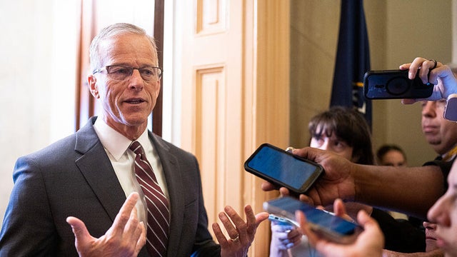 Senate Majority Leader John Thune of South Dakota speaks to reporters outside his office at the U.S. Capitol in Washington, D.C., on Oct. 29, 2025, about the government shutdown.