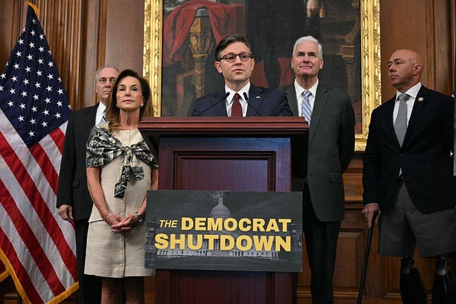 House Speaker Mike Johnson of Louisiana speaks alongside members of House Republican leadership at the U.S. Capitol in Washington, D.C., on Oct. 29, 2025.