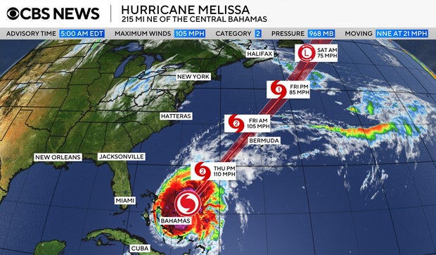 Map shows the forecast path of Hurricane Melissa. 