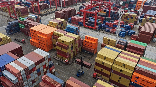 Containers are parked at the Jiangbei Container Terminal of Nanjing Port on the Yangtze River in Nanjing, China, on Oct. 30, 2025.