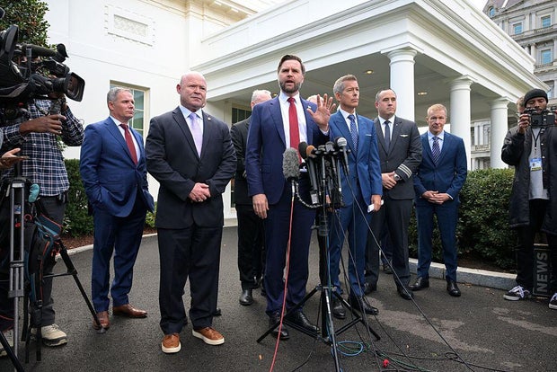 Vice President JD Vance speaks outside the West Wing of the White House in Washington, D.C., on Oct. 30, 2025.