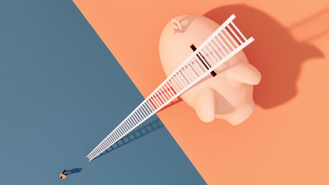 Person Waiting Before A White Ladder And Piggy Bank 