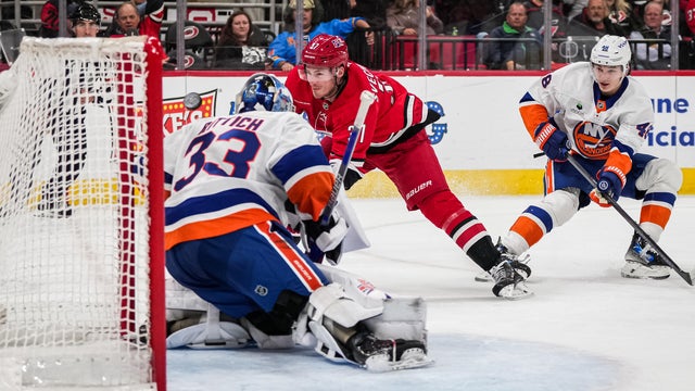 Andrei Svechnikov #37 of the Carolina Hurricanes scores a goal against David Rittich #33 of the New York Islanders during the third period at Lenovo Center on October 30, 2025 in Raleigh, North Carolina.