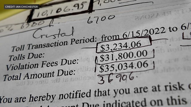 Paperwork showing $3,234.06 in tolls due and $31,800 for violation fees.