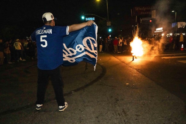 Los Angeles Dodgers fans celebrate 5-4 World Series victory 