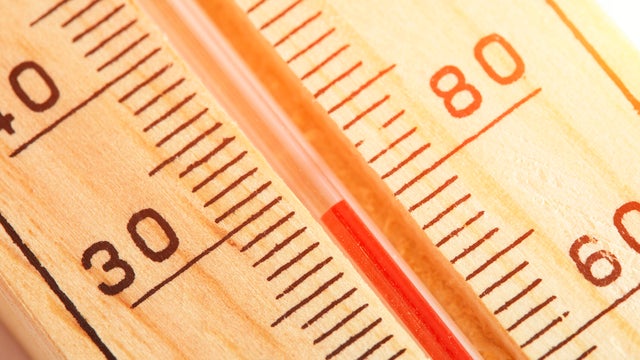 Wooden outdoor thermometer showing temperature thirty degrees Celsius and eighty degrees Fahrenheit. 