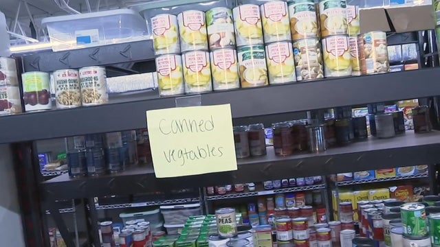 A shelf of canned vegetables at the food pantry in Montgomery County 