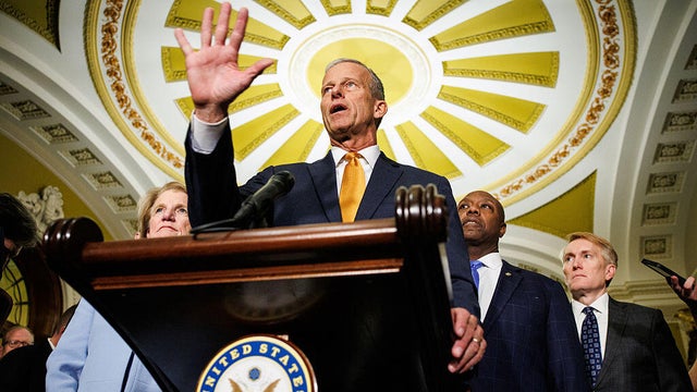 Senate Majority Leader John Thune of South Dakota speaks during a news conference at the U.S. Capitol in Washington, D.C., on Oct. 28, 2025. 