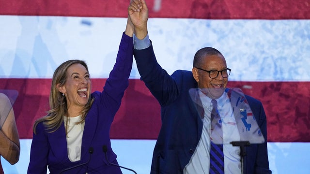 New Jersey Democratic Gov. elect Mikie Sherrill and Lt. Gov. elect Dale Caldwell on stage during their victory party on Election night 