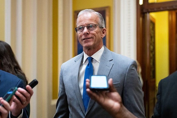 Senate Majority Leader John Thune of South Dakota walks to his office at the U.S. Capitol in Washington, D.C., on Nov. 6, 2025, after opening the Senate floor.