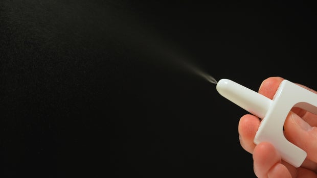 NALOXONE nasal spray from the emergency bag, contain medication used in recovery of Opioid drugs overdose. Nasal medications drugs from overdose kit.