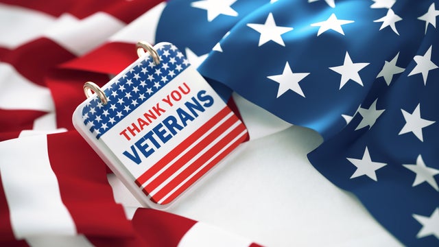 Thank You Veterans Written Calendar Over Rippled American Flag 