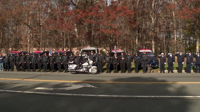 Police officers and fire department members stand at salute at the side of a street. 