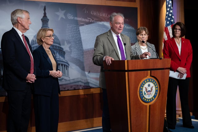 Sen. Tim Kaine, a Virginia Democrat, speaks at a press conference with other Senate Democrats who voted to restore government funding, in Washington, D.C. on Nov. 9, 2025. 