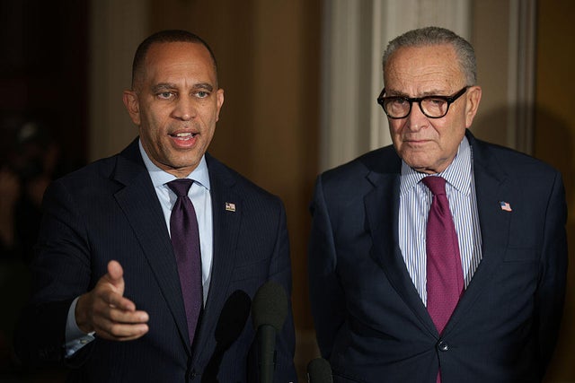 Senate Minority Leader Chuck Schumer and House Minority Leader Hakeem Jeffries brief members of the press on the government shutdown at the U.S. Capitol on Oct. 16, 2025 in Washington, D.C. 