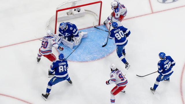 Will Cuylle #50 of the New York Rangers scores a goal against the Tampa Bay Lightning at Benchmark International Arena on November 12, 2025 in Tampa, Florida. 