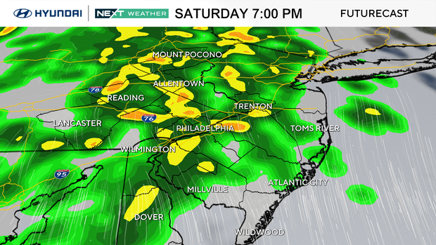 Rain across the area Saturday at 7 p.m. is shown on this weather map