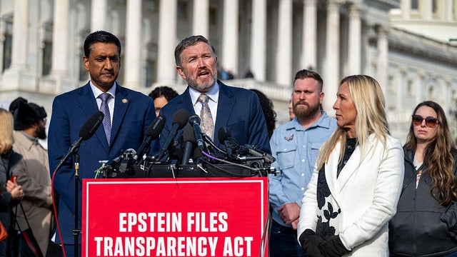 Reps. Ro Khanna of California, Thomas Massie of Kentucky and Marjorie Taylor Greene of Georgia speak at a press conference on the Epstein Files Transparency Act at the U.S. Capitol in Washington, D.C., on Nov. 18, 2025. 