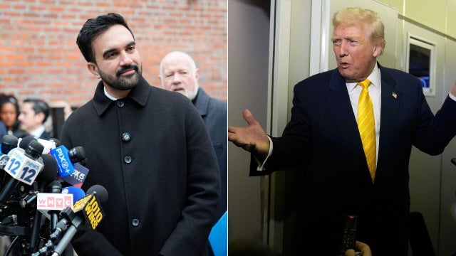 Left: New York City mayor-elect Zohran Mamdani talks to reporters at a news conference in New York, Monday, Nov. 17, 2025; Right: President Donald Trump speaks to reporters on Air Force One on his way to his Mar-a-Lago estate in Palm Beach, Fla., Friday, Nov. 14, 2025. 