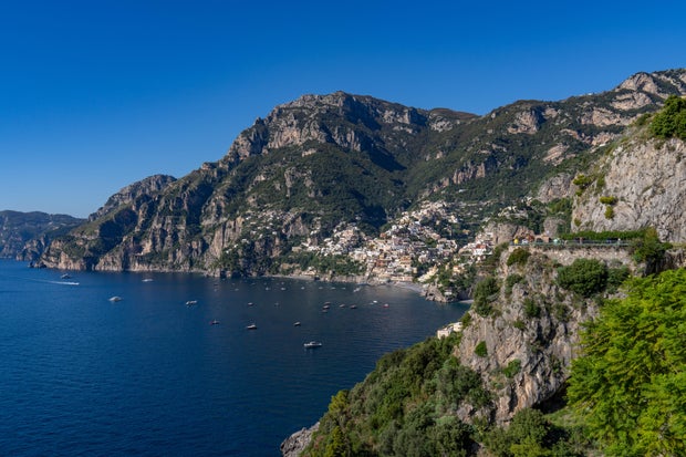 View of Positano on the Amalfi Coast from Praiano, Italy 