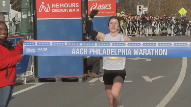 Anna Oeser, first woman to cross the finish line at the 2025 Philadelphia Marathon