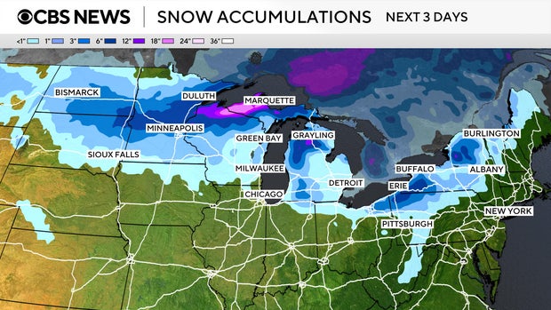 地图显示感恩节美国各地旅行可能面临风暴风险的地方