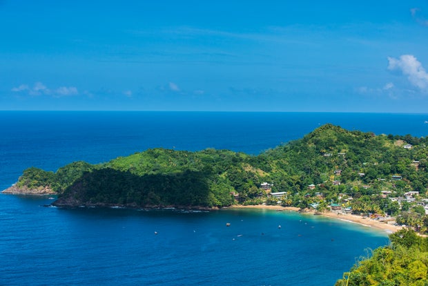 Aerial view of Castara bay against blue sky at Tobago, Caribbean 