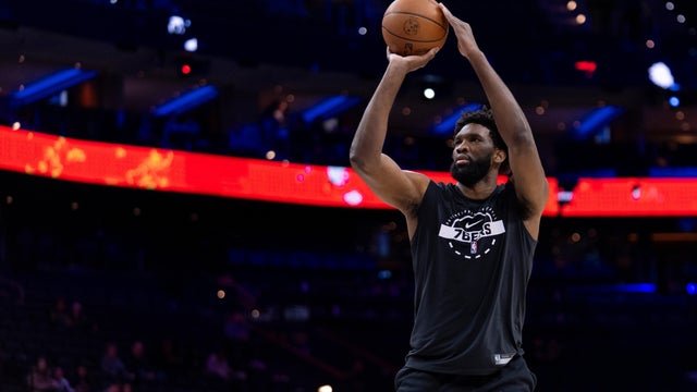 Philadelphia 76ers' Joel Embiid shoots some warm up shots prior to an NBA basketball game against the Atlanta Hawks 