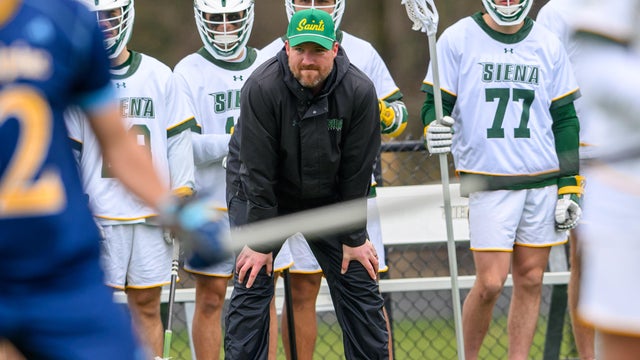 Siena head coach Liam Gleason watches his team play against Quinnipiac on Saturday, April 12, 2025, in Colonie, NY. 
