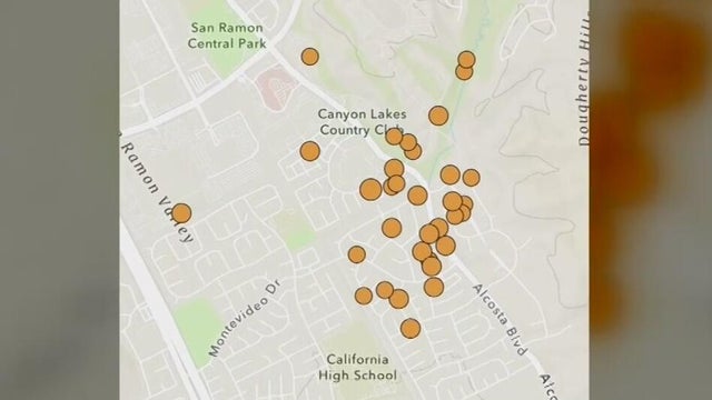 A map of San Ramon is dotted with orange spots that mark where earthquakes happened. 