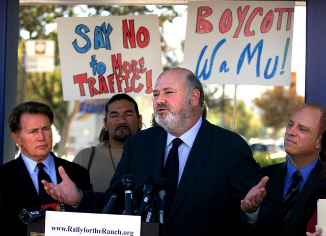 Director Rob Reiner, center, speaks at press conference flanked by HBO's Chris Albrecht, right, and 