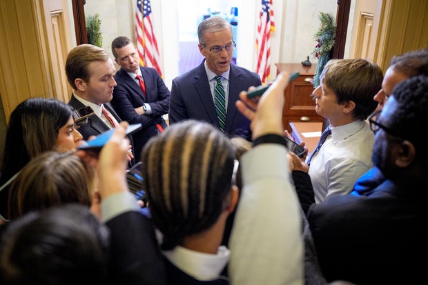 Senate Majority Leader John Thune speaks to reporters outside his office at the U.S. Capitol on Dec. 3, 2025, in Washington, D.C.