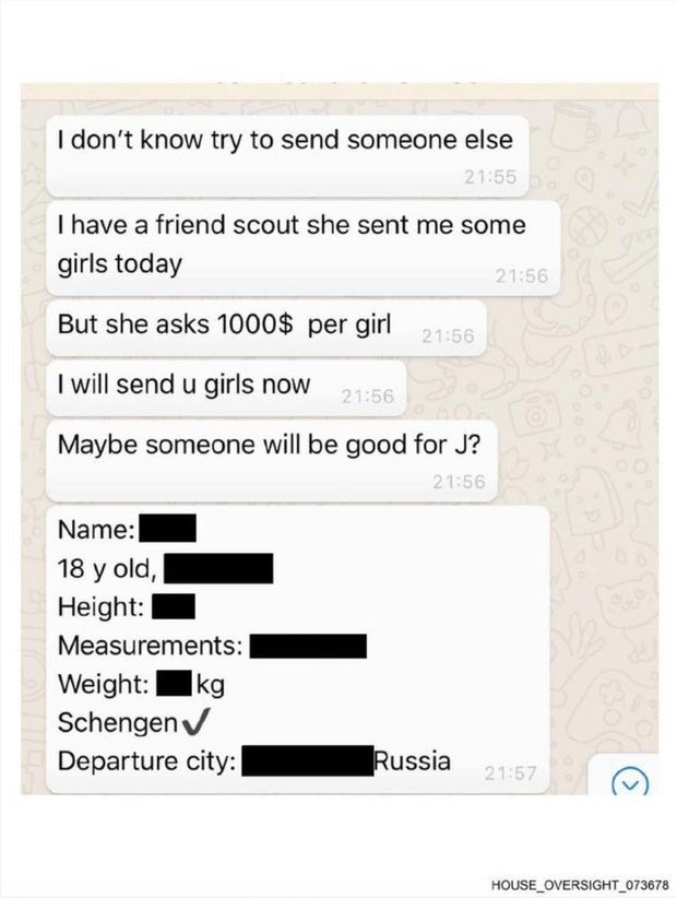 A screenshot of text messages from an unknown sender that the Jeffrey Epstein estate provided to Congress.