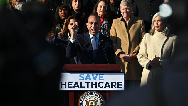 House Minority Leader Hakeem Jeffries, a Democrat from New York, speaks during a news conference with Democratic lawmakers outside the U.S. Capitol in Washington, D.C., on Dec. 18, 2025. 